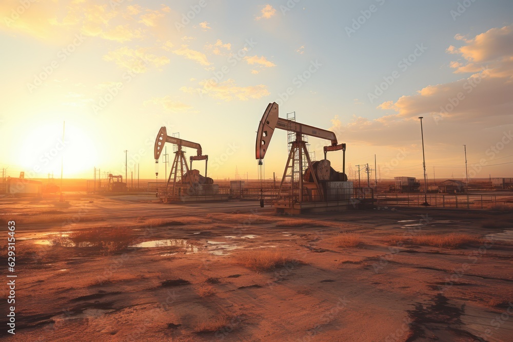 Echoes of Industry: Oil pumps during the oil extraction during the sunrise