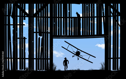 A barnstorming bi-plane flies low and is seen through the doorway of an old farm barn in an illustration about the 1920s aerial shows. photo