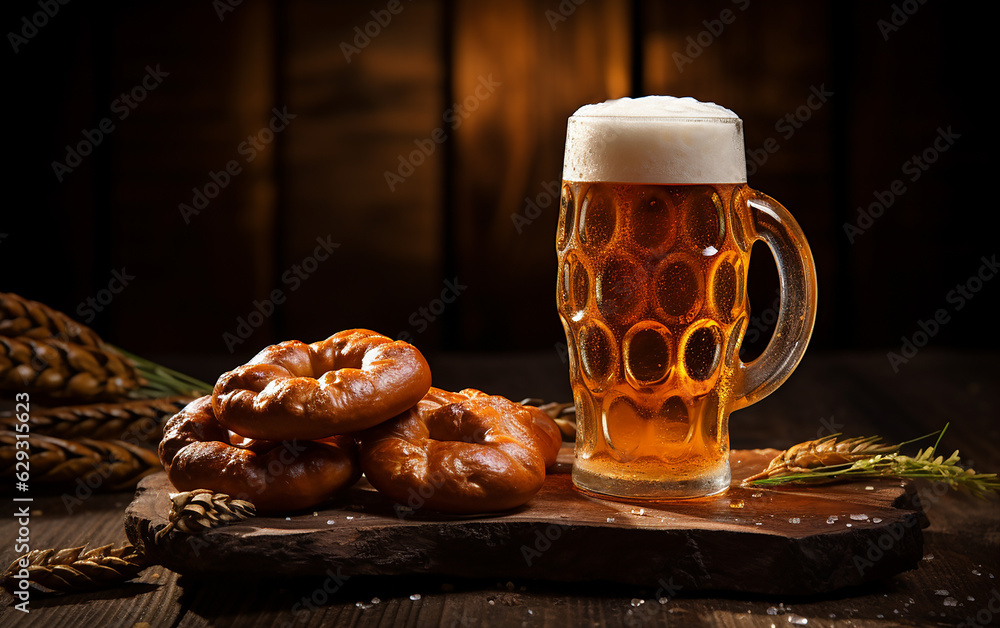 Oktoberfest beer glasses and pretzels with wheat on wooden table Oktoberfest beer glasses and pretzels with wheat on wooden table