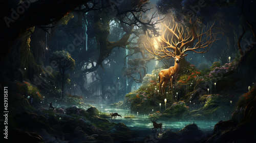 An enchanting illustration of a Noble Deer in a magical forest  surrounded by fairytale creatures 