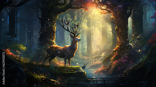 An enchanting illustration of a Noble Deer in a magical forest, surrounded by fairytale creatures 
