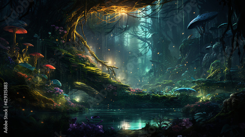 An enchanting illustration of a Noble Deer in a magical forest  surrounded by fairytale creatures 