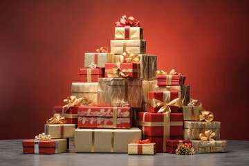 Different christmas presents on a large heap. Large stack of christmas packages. AI generated