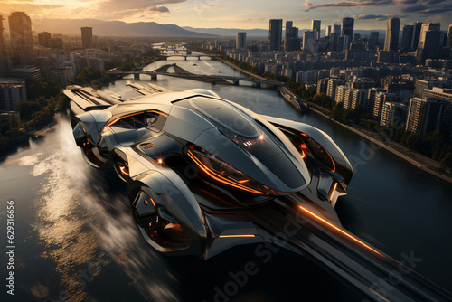 Futuristic transportation. 3D rendering of a futuristic city with a lot of futuristic cars © vachom