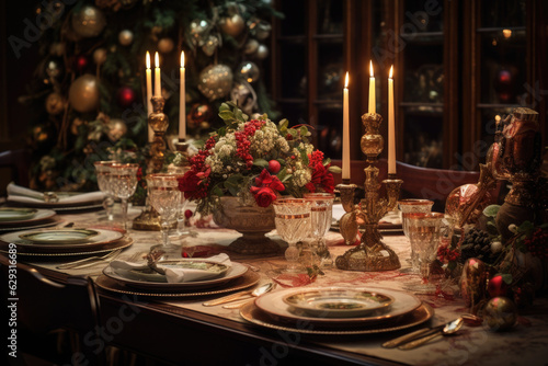 Table served for Christmas dinner. Living room decorated with lights and Christmas tree. AI generated