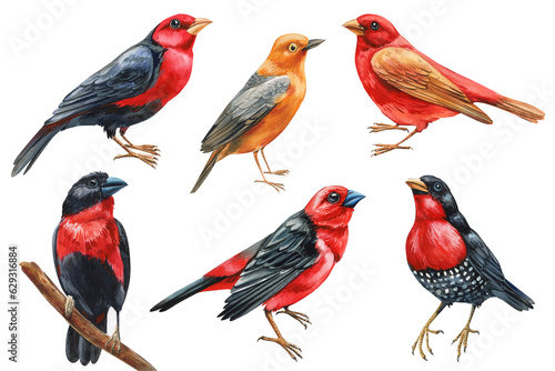 Canvas Print Set birds on isolated white background, Watercolor Hand drawn realistic bird