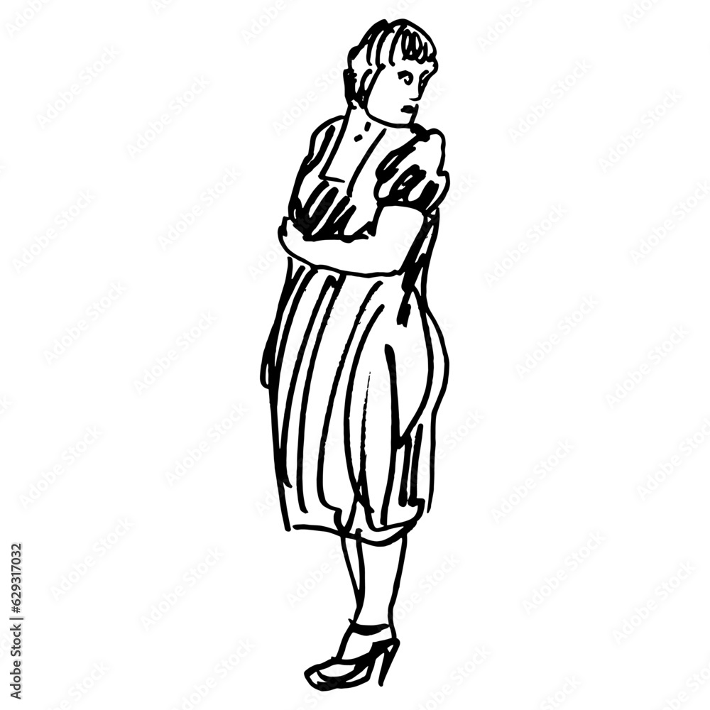 Standing fat young woman. Female portrait. Turning around lady wearing dress and high heels shoes. Hand drawn linear doodle rough sketch. Black silhouette on white background. Body positive.