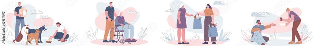 Social help for people on wheelchair, elderly person. Young volunteers helping grandma and grandpa. Charity for animal and poor, kicky vector scene Social help for people on wheelchair, elderly person. Young volunteers helping grandma and grandpa. Charity for animal and poor, kicky vector scene