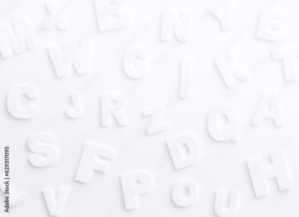 Clean white alphabet on white background with light and shadow or 3d effect. Abstract high resolution full frame background.