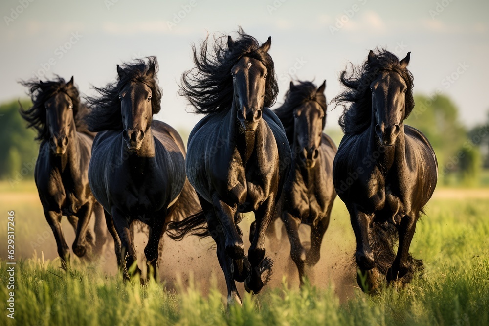 Fototapeta premium Herd of Friesian black horses galloping in the grass