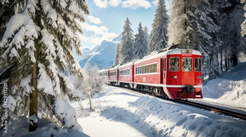 Bernina Express passes through the snowy woods, Switzerland. Generative AI © Lubos Chlubny