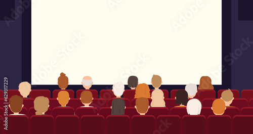 Movie theater interior, cinema empty screen and audience. People watch film sitting back in red seats. Snugly vector entertainment banner