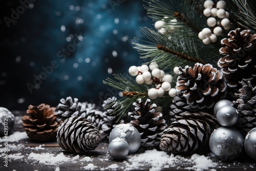 Christmas decoration with pine cones. Christmas background with space for text. Generative AI