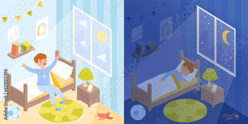 Sleep and wake up boy in bedroom. Kid at early morning, sweet dreams at night. Daily schedule, child healthy sleeping and rest snugly cartoon vector scene