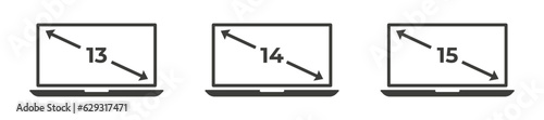 Laptop diagonal screen size. 13 14 15 inches screen size. Vector illustration
