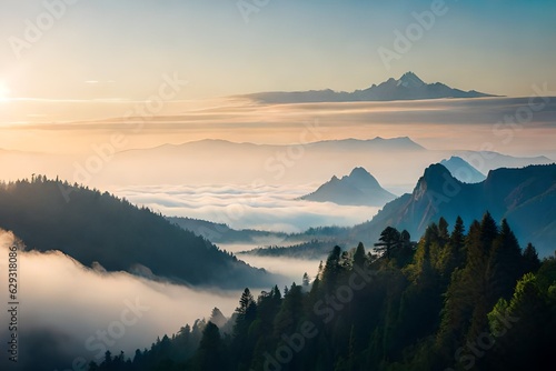 Photo realistic illustration of mountains forest fog morning mystic