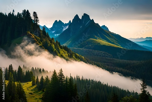 Photo realistic of mountains forest fog morning mystic