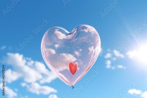 Soap bubble in the shape of a heart against the sky. Glossy romantic soapy heart. Valentine day symbol. Generative AI