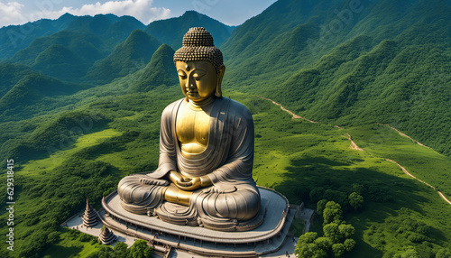A huge Buddha statue  beside the mountain  is surrounded by dense pure Viridiplantae. Aerial view