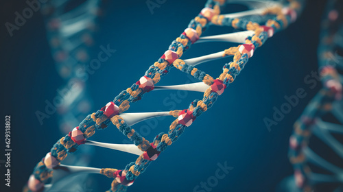 DNA. Abstract polygonal wireframe DNA molecule helix spiral on blue. Medical science, genetic biotechnology, chemistry biology, gene cell concept Ai generative illustration