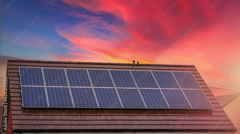 Solar panels producing clean energy on a roof of a residential house during sunset in Milton Keynes, England Solar panels producing clean energy on a roof of a residential house during sunset in Milton Keynes, England