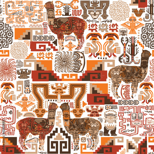 Animals, birds, geometric and abstract patterns in Peruvian style. Seamless pattern on a white background.