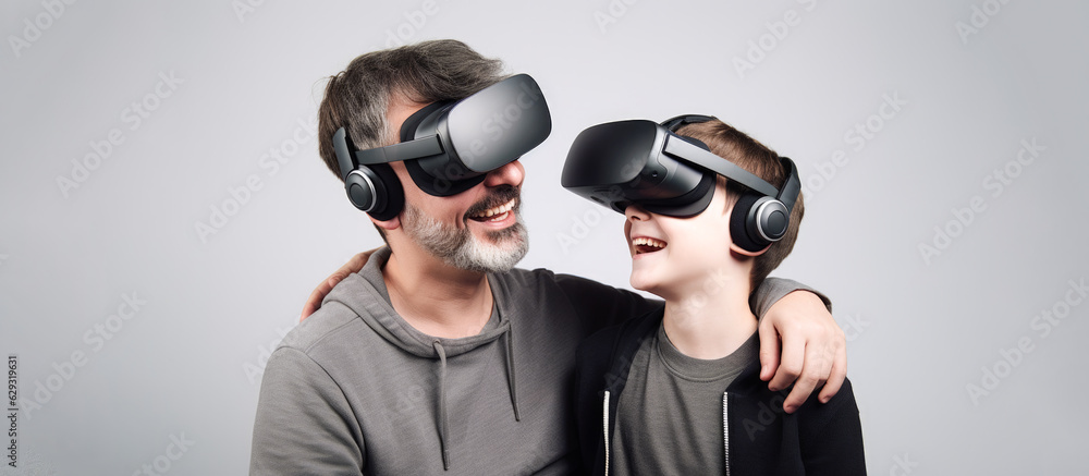 Banner with European boy and dad wearing virtual reality glasses, VR headset, smiling and standing over isolated grey background Banner with European boy and dad wearing virtual reality glasses, VR headset, smiling and standing over isolated grey background