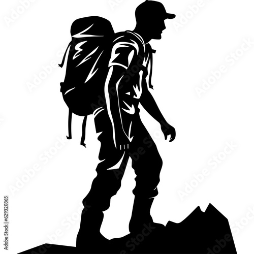 Hiker with heavy backpack walking over rocky terrain black silhouette