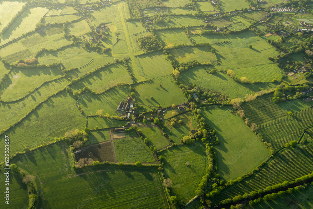 Aerial view of the fields in the countryside in Kent, UK