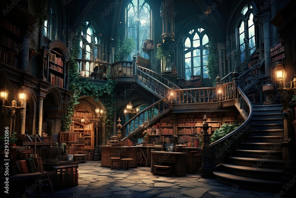 photo backdrop inside of an enchanted castle - magical fantasy universe - old books, shelves, winding stairs, plants, small lights and lanterns, crested windows - generative ai