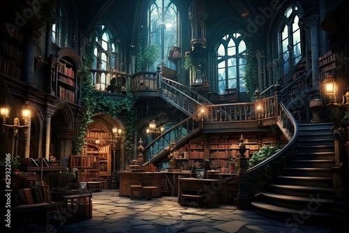 photo backdrop inside of an enchanted castle - magical fantasy universe - old books, shelves, winding stairs, plants, small lights and lanterns, crested windows - generative ai