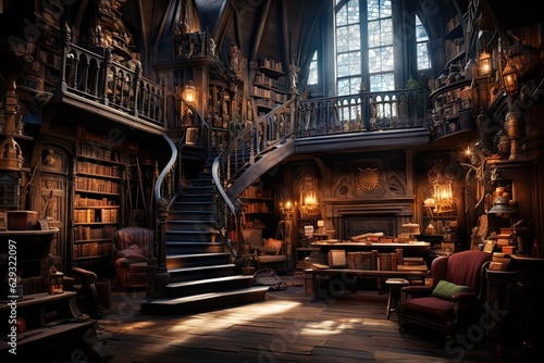 photo backdrop inside of a mystical castle - magical fantasy universe - old books, shelves, winding stairs, small lights and lanterns, crested windows - generative ai