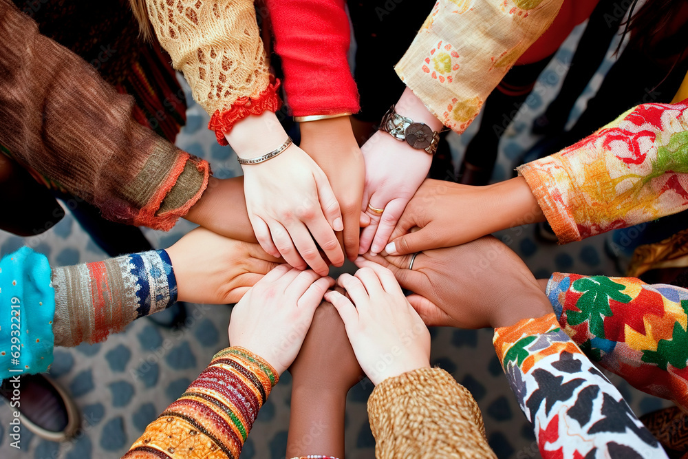 All hands together, united diversity or multi-cultural partnership in a group