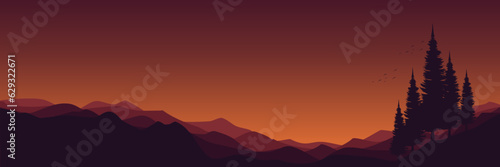 pine forest sunset silhouette landscape vector illustration good for wallpaper, backdrop, background, web banner, and design template
