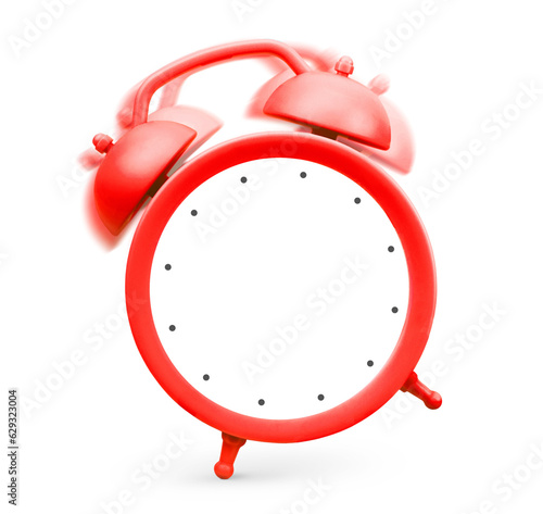 a ringing red alarm clock with a blank dial on a white isolated background
