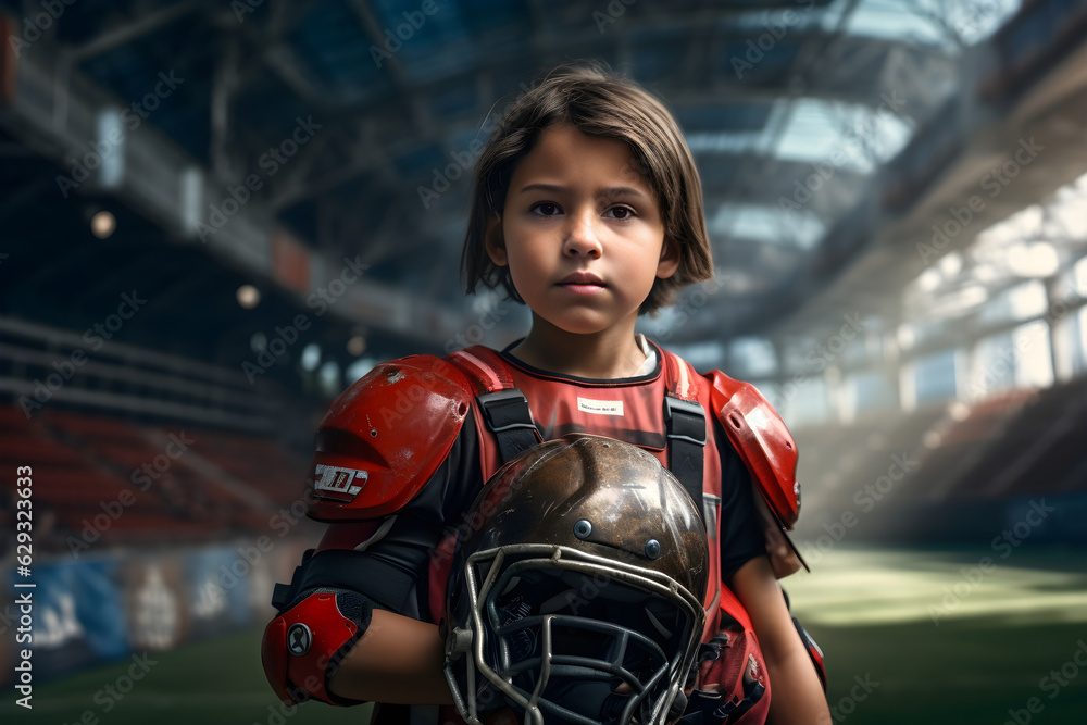 Young Boy Athlete: American Football Dreams in the Indoor Stadium