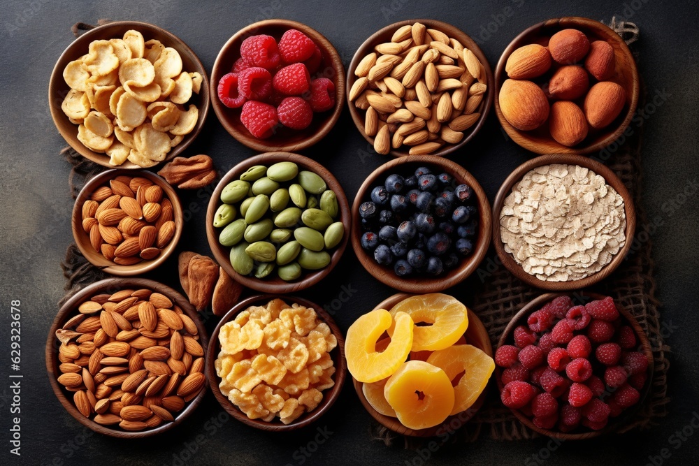 Healthy Snack. Healthy eating concept. Assortment of nuts and dried fruits in bowls on black background. Healthy Snack. Healthy eating concept. Assortment of nuts and dried fruits in bowls on black background.