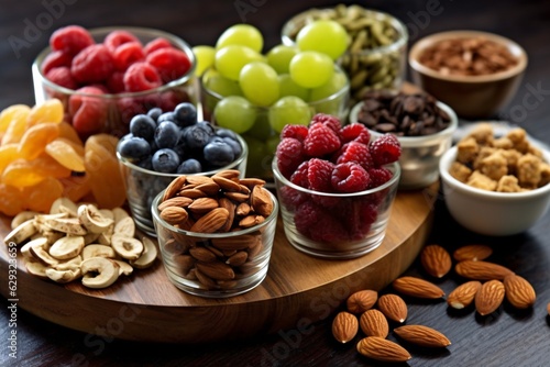 Healthy Snack Healthy food. Assortment of dried fruits and nuts in bowls on wooden table