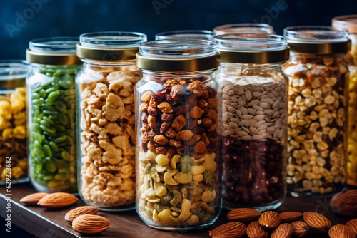Healthy Snack. Mixed nuts in glass jars on wooden background. Healthy food concept.