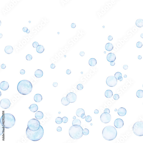Watercolor drawn rapport, seamless border from different size air bubbles on white background. Transparent realistic picture for illustration, stickers, logo, textile printing