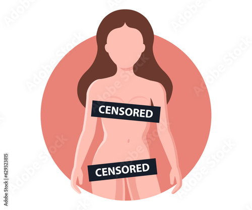 naked girl covered with censorship signs. allowed with only 18. Flat character vector illustration.