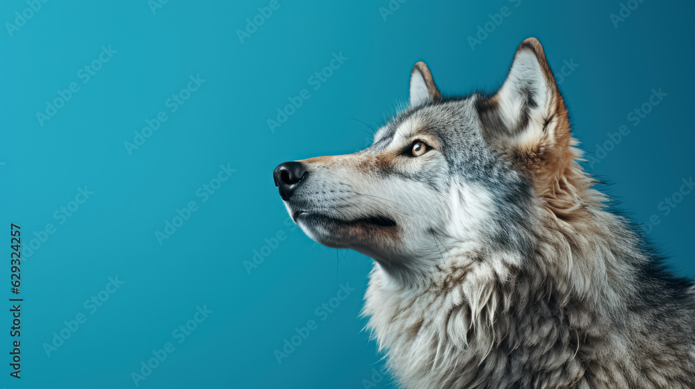 Obraz premium Advertising portrait, banner, gorgeous gray classic wolf looking up , isolated on blue background