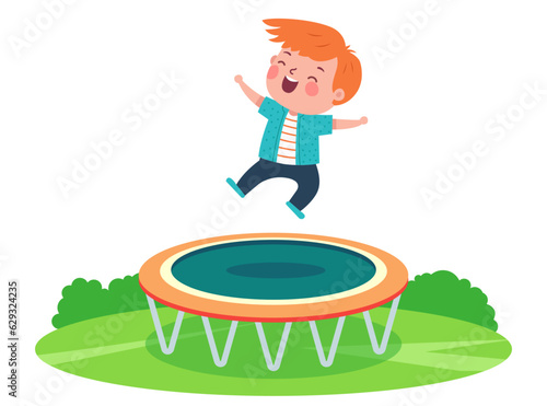 boy jumping on a trampoline in nature. flat vector illustration.