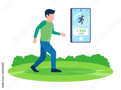 man measure steps on the phone. flat vector illustration.