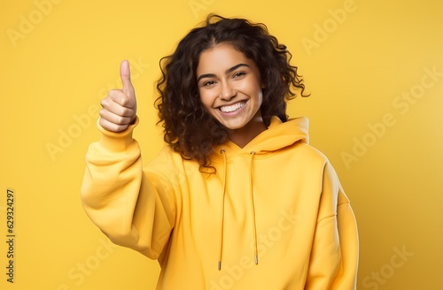portrait of a happy young woman on a yellow background photo