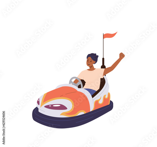 Happy young teenager boy riding bumper car in amusement park vector illustration isolated on white
