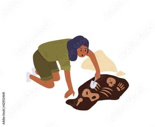 Woman archeologist digging soil and finding human skeleton historical artifacts isolated on white