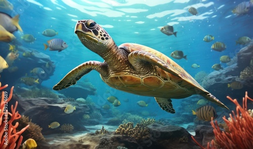 Hawaiian sea turtle swimming along with fishes  in Colorful underwater seascape