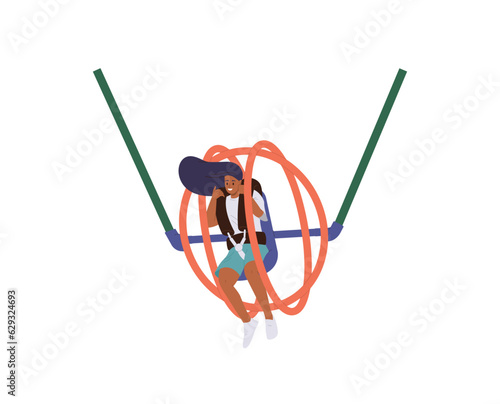 Excited screaming woman riding extreme attraction catapult in transparent cabin vector illustration