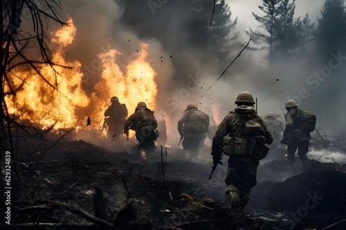 Military soldier squad battle scene, action shooter battle game cover with smoke, dust and explosions, fire, battle field